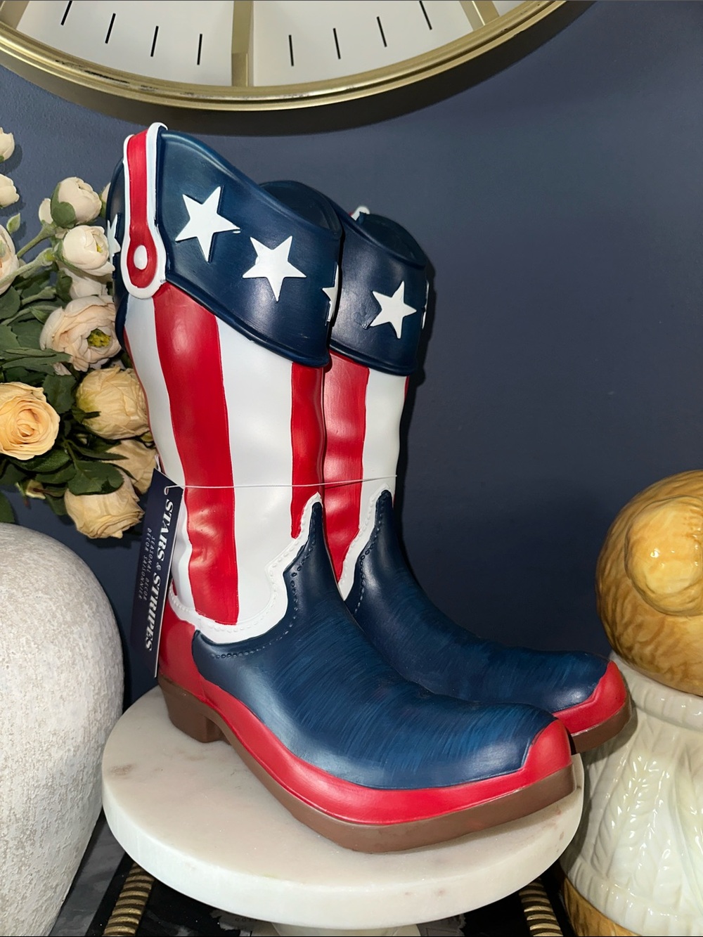 Patriotic Cowboy Boot Statue - Red White Blue Stars